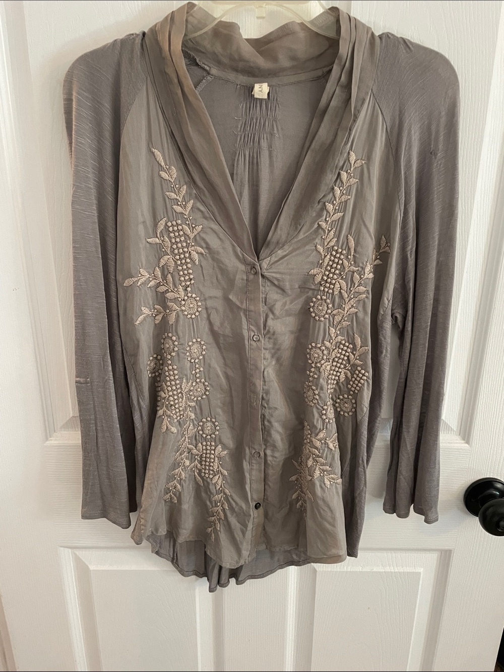 Embroidered V-Neck Button-Front Blouse in Taupe